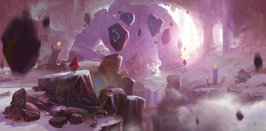 2others, arms_up, blurry, blurry_foreground, broken, cave, cloak, floating