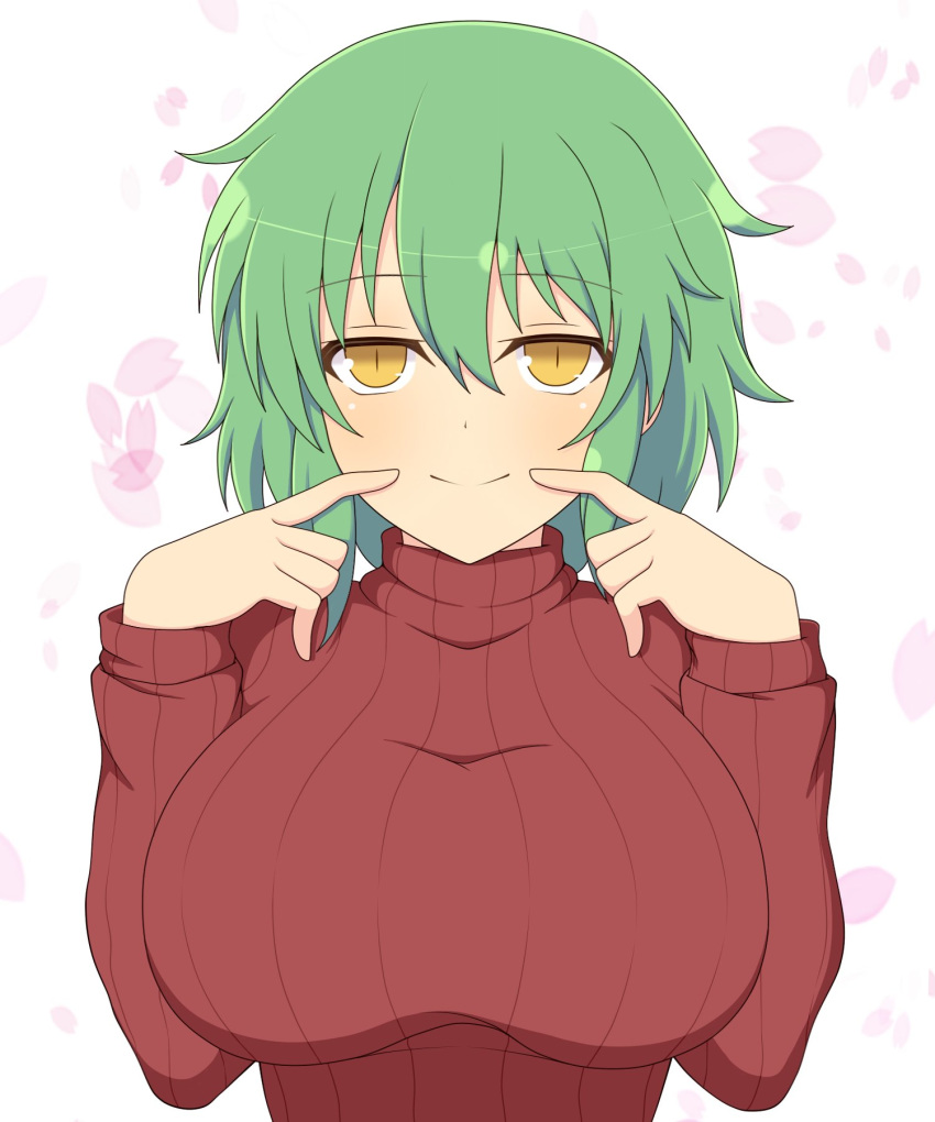 1girl, breasts, cherry_blossoms, eyebrows, eyebrows_visible_through_hair, fingers_to_mouth, green_hair, highres