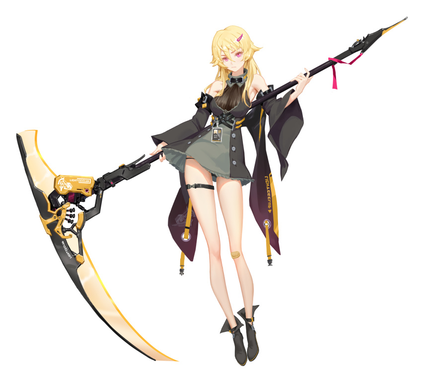 1girl, absurdres, bandaid, bandaid_on_knee, bare_shoulders, black_footwear, blonde_hair, closed_mouth