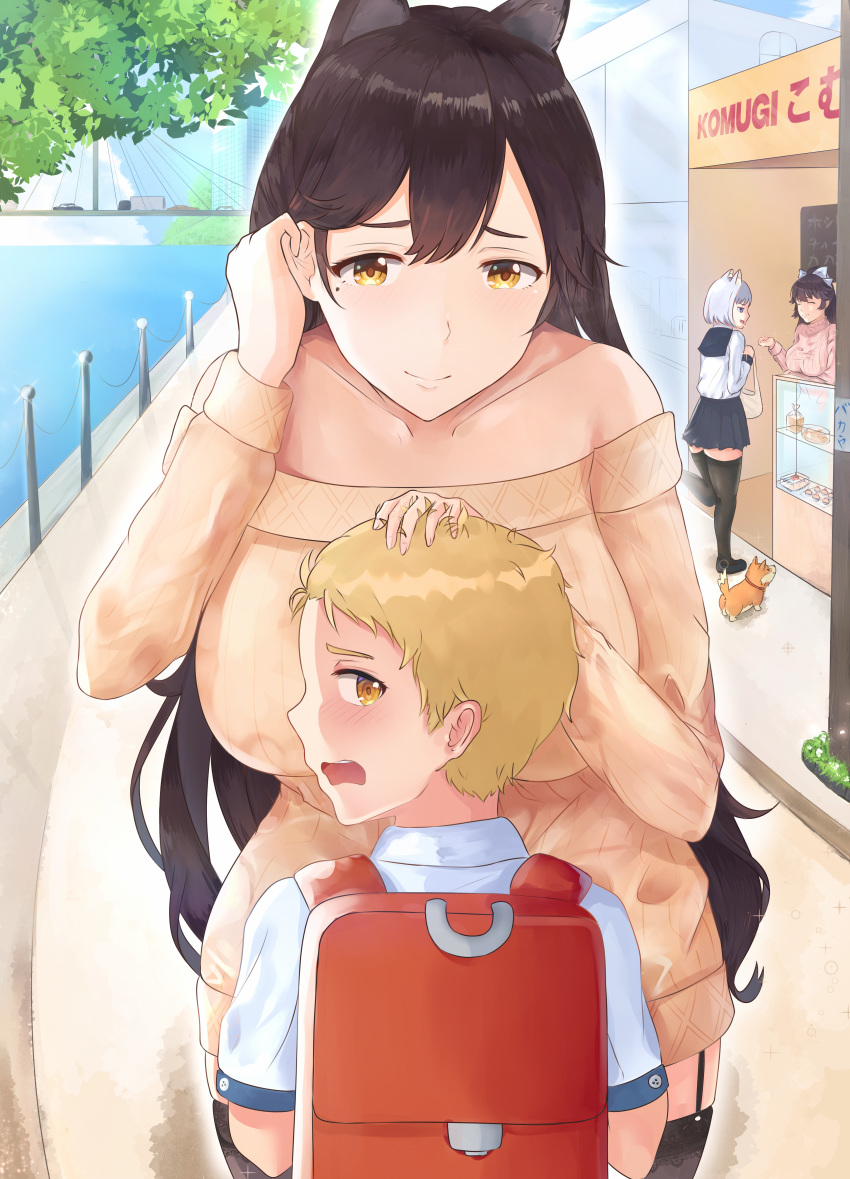 1boy, 3girls, absurdres, age_difference, animal_ears, arm_under_breasts, atago_(azur_lane), azur_lane