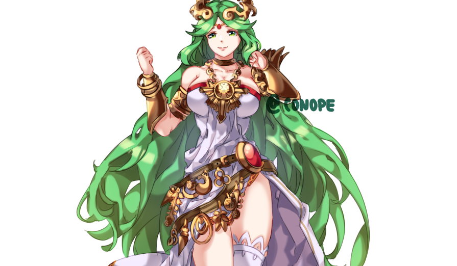 bare_shoulders, clenched_hands, commission, conope, dress, forehead_jewel, gauntlets, goddess