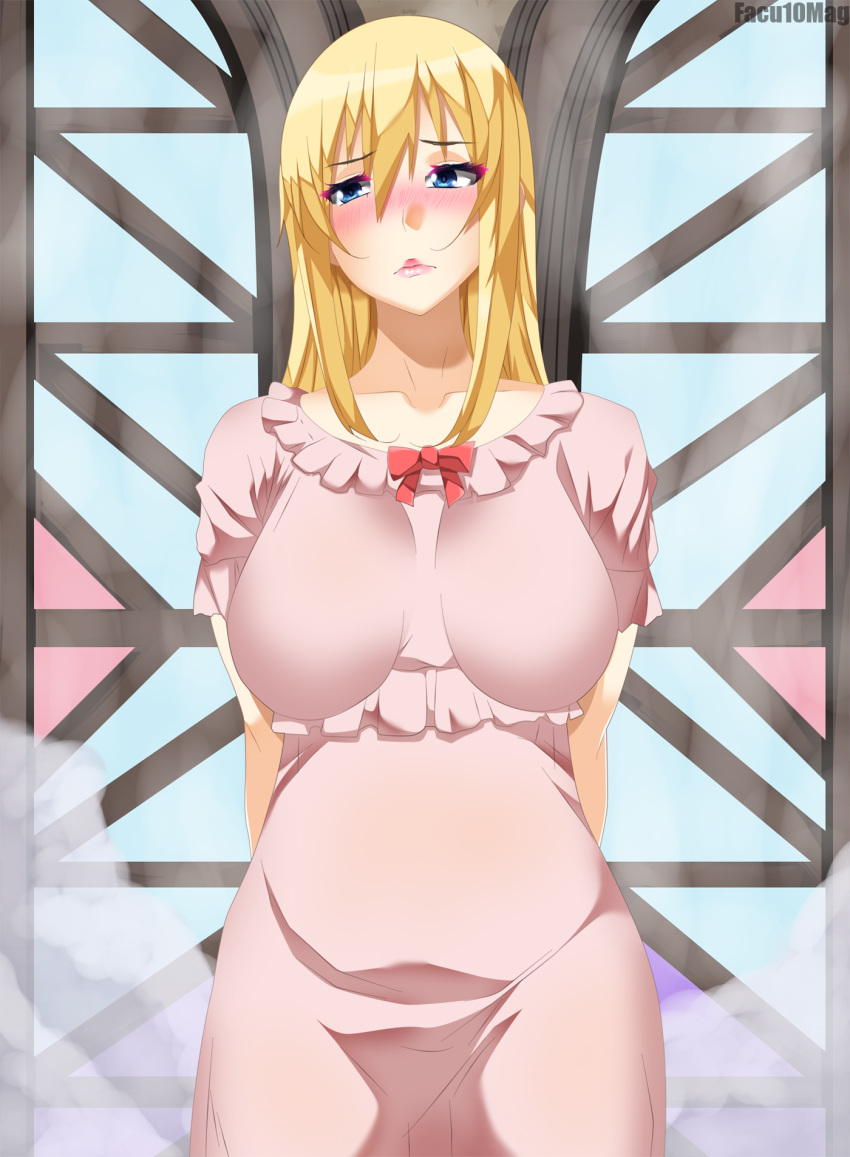 1girl, arms_behind_back, bangs, blonde_hair, blue_eyes, blush, bow, breasts, closed_mouth, cowboy_shot, darkness_(konosuba), dress, eyebrows_visible_through_hair, facu10mag, hair_between_eyes, highres, kono_subarashii_sekai_ni_shukufuku_wo!, large_breasts, long_hair, looking_to_the_side, pink_dress, pink_lips, red_bow, sidelocks, sleepwear