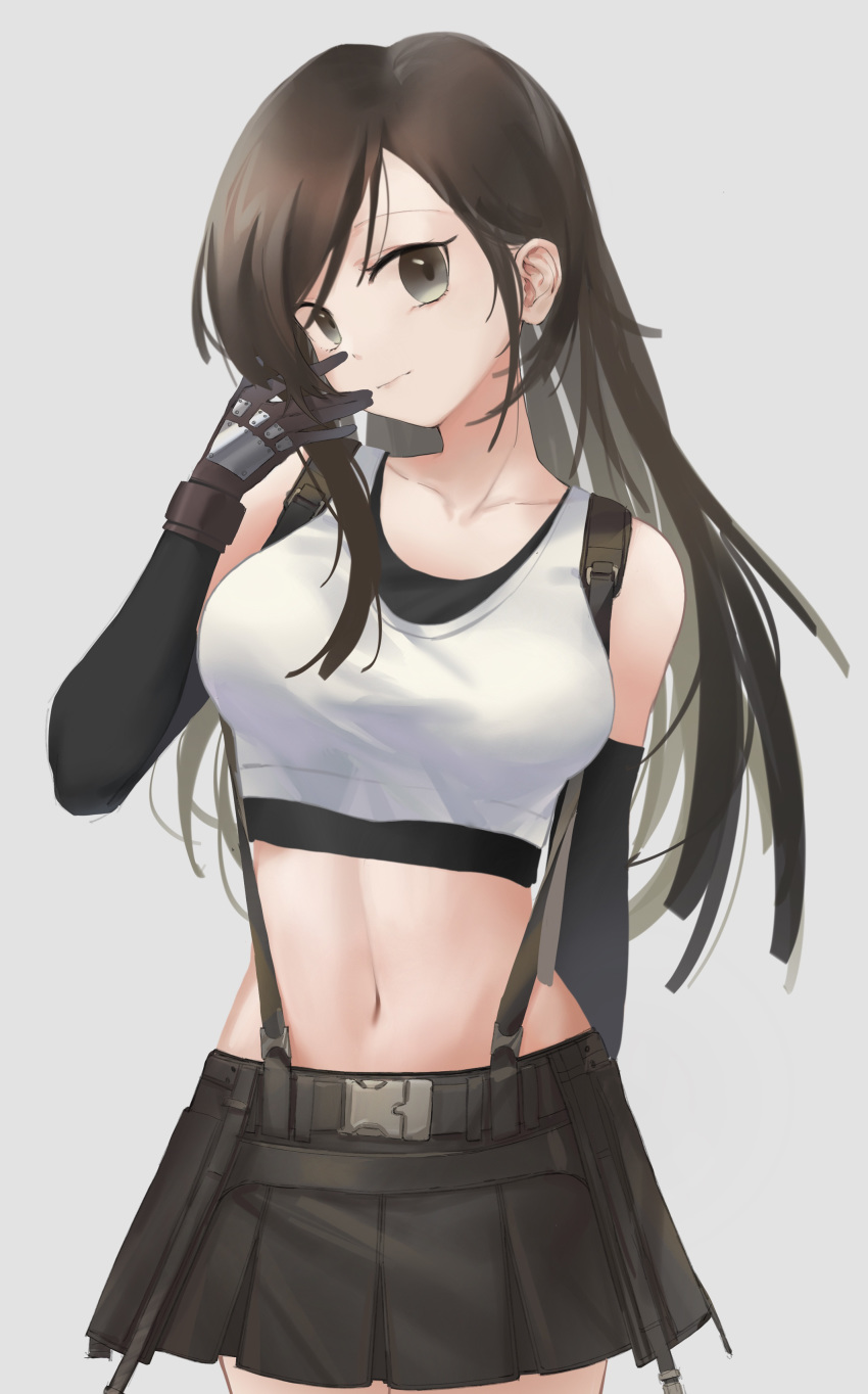 1girl, 846086706, absurdres, bangs, black_eyes, black_hair, black_skirt, breasts, collarbone, crop_top, elbow_gloves, final_fantasy, final_fantasy_vii, gloves, grey_background, highres, large_breasts, long_hair, navel, pleated_skirt, simple_background, skirt, sleeveless, solo, suspender_skirt, suspenders, tifa_lockhart, white_crop_top