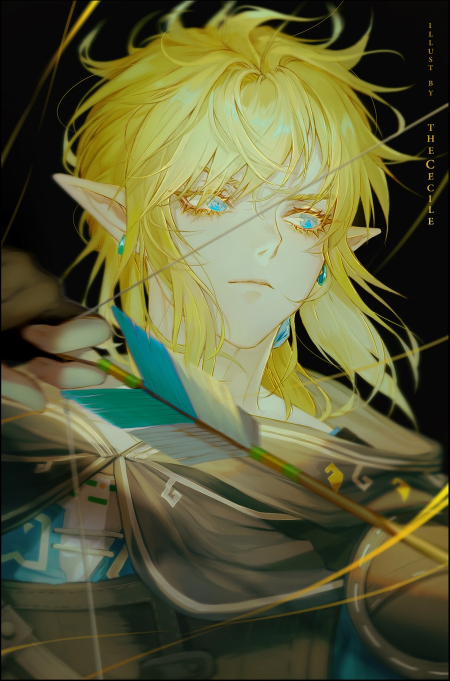 1boy, aiming, arrow, black_background, black_gloves, blonde_hair, blue_eyes, cloak, commentary, earrings, english_commentary, gloves, highres, holding_arrow, holding_bow, jewelry, link, low_ponytail, making-of_available, male_focus, partly_fingerless_gloves, solo, the_cecile, the_legend_of_zelda, the_legend_of_zelda:_breath_of_the_wild, the_legend_of_zelda:_breath_of_the_wild_2