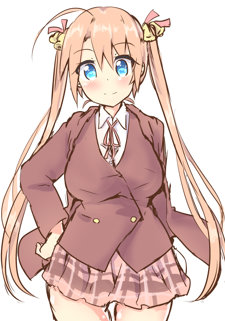 1girl, ahoge, arm_at_side, ayame_riyo, bell, blazer, blue_eyes, blush
