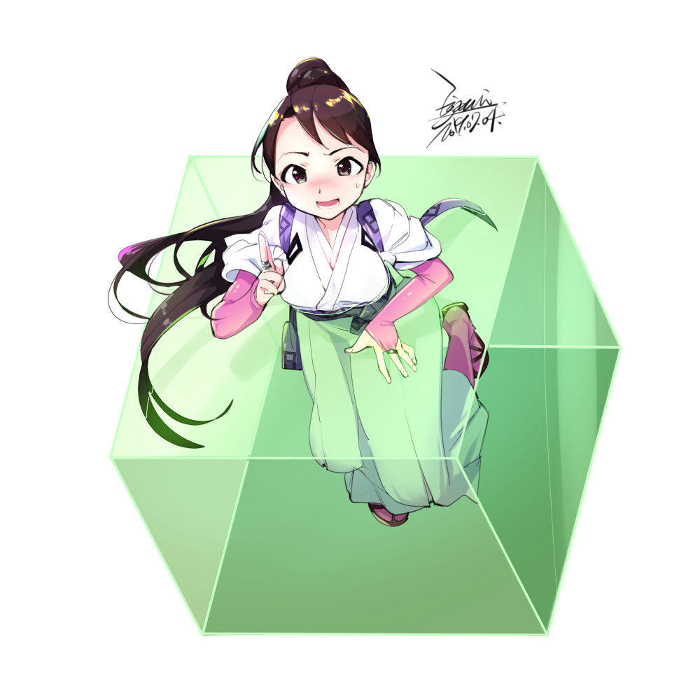 1girl, black_hair, blush, breasts, ejami, japanese_clothes, kekkaishi, long_hair, looking_at_viewer, open_mouth, ponytail, simple_background, solo, stuck, very_long_hair, white_background, yukimura_tokine