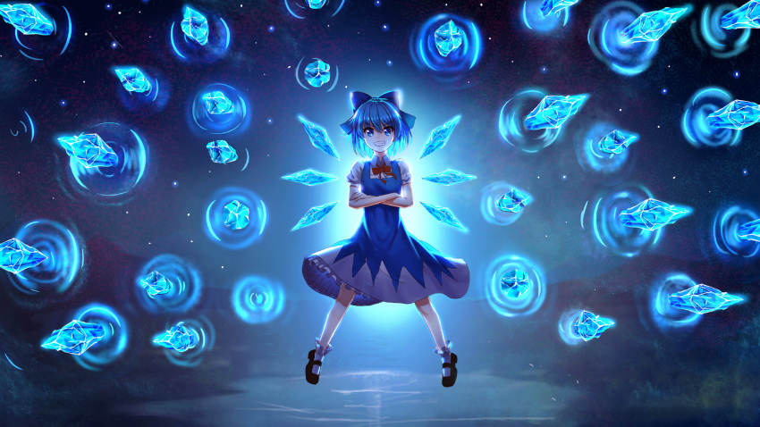 1girl, cirno, commentary_request, crosse, highres, short_hair, solo, sumomo_(sunrainday), touhou