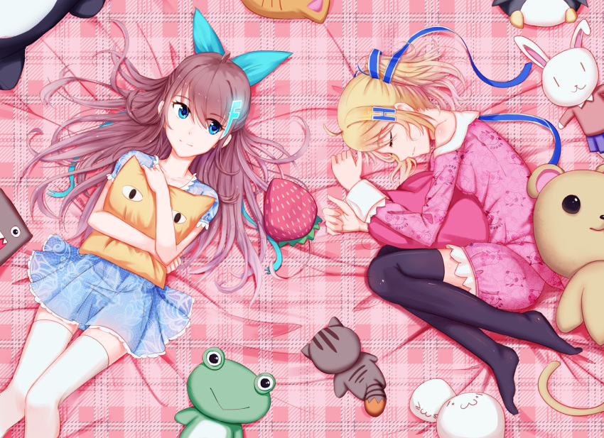 2girls, bangs, bare_arms, bear, bird, black_legwear, blonde_hair, blue_dress