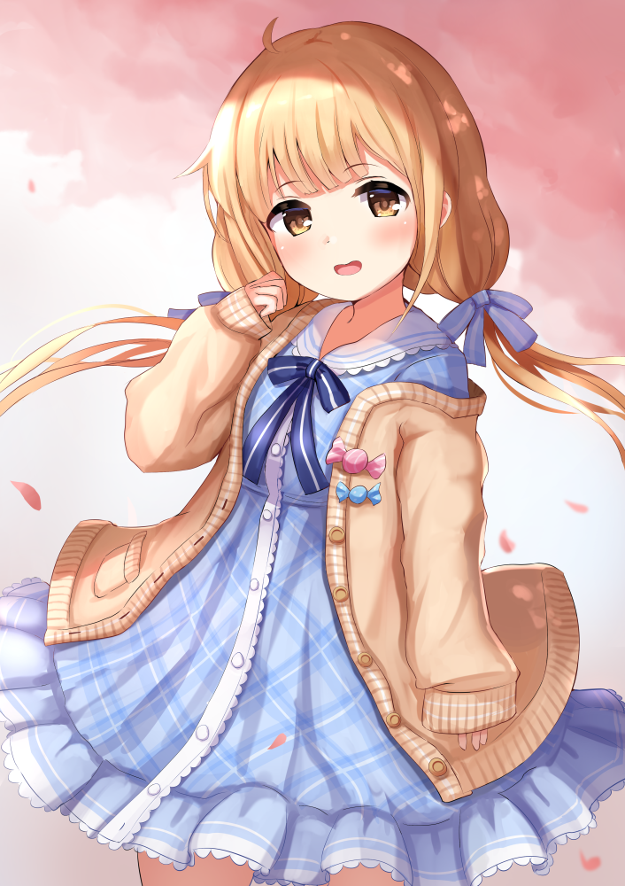 1girl, :d, a-1_pictures, ahoge, bandai_namco, bangs, blonde_hair, blue_bow, blue_dress, blush, bow, brown_eyes, brown_jacket, commentary_request, cute, dress, eyebrows_visible_through_hair, futaba_anzu, hair_bow, hand_up, head_tilt, idolmaster, idolmaster_cinderella_girls, idolmaster_cinderella_girls_starlight_stage, jacket, loli, long_hair, long_sleeves, looking_at_viewer, low_twintails, manda_(manda9n), off_shoulder, open_clothes, open_jacket, open_mouth, petals, plaid, plaid_dress, sailor_collar, sailor_dress, sleeves_past_wrists, smile, solo, standing, striped, striped_bow, twintails, very_long_hair, white_sailor_collar