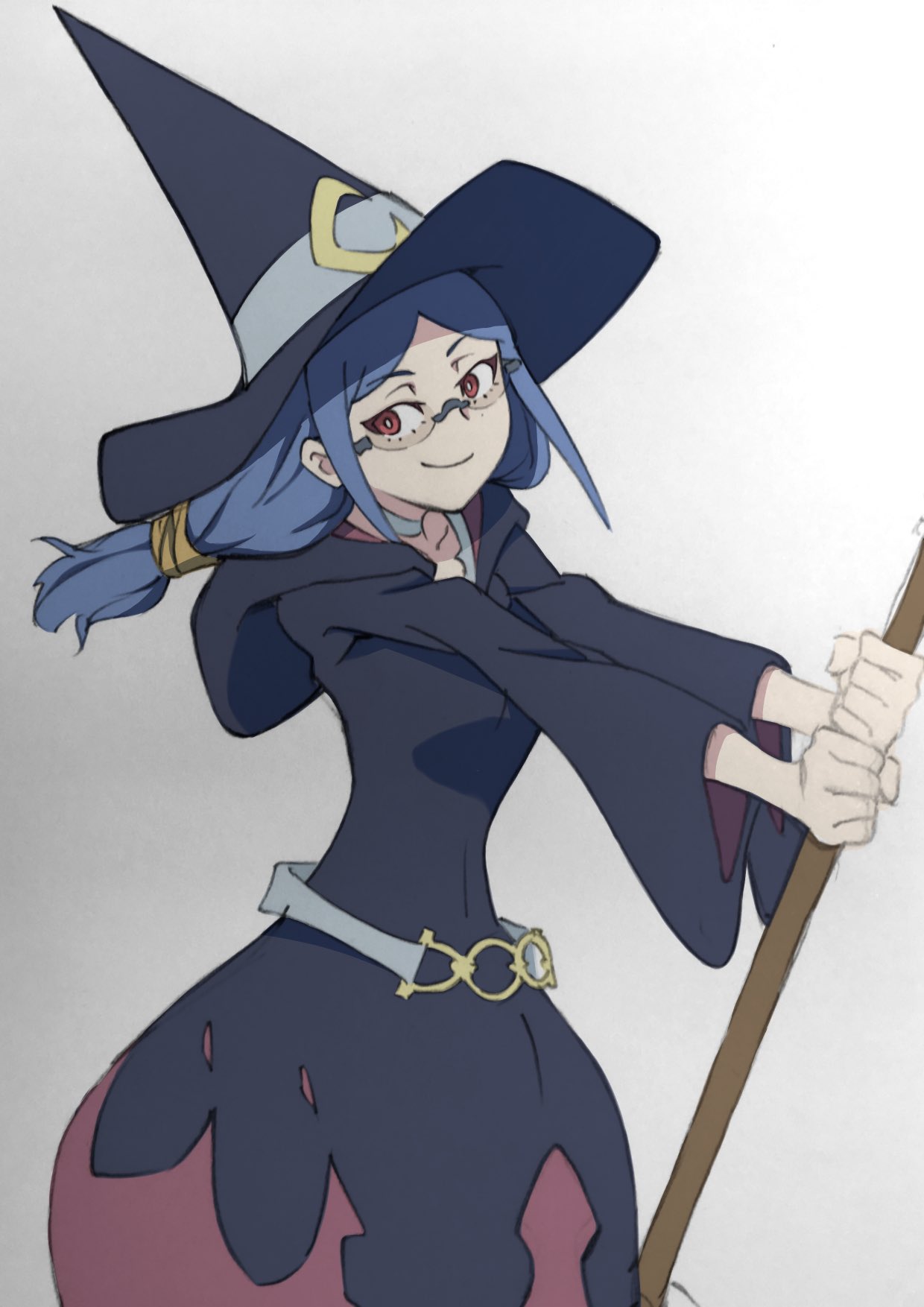 1girl, arai_hiroki, belt, blue_hair, broom, commentary_request, glasses, hair_tubes