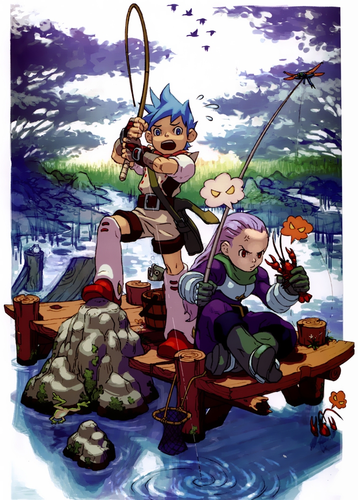 blue_eyes, blue_hair, breath_of_fire, breath_of_fire_iii, fishing, fishing_rod, nature, pink_hair