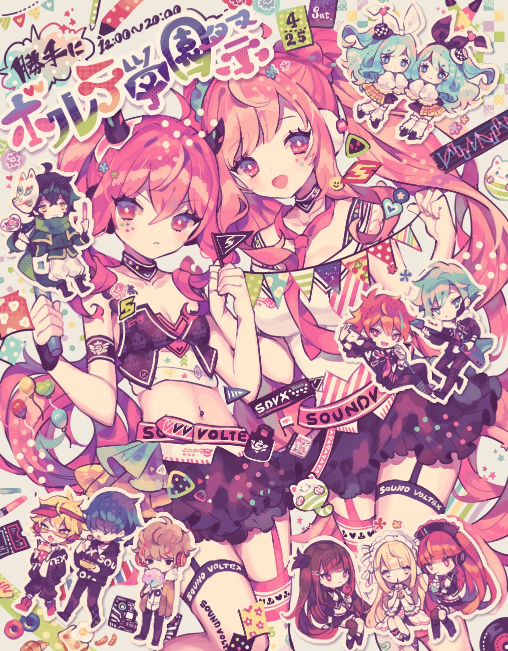 6+boys, 6+girls, ahoge, aosame_rain, armband, black_dress, black_hair, blue_eyes