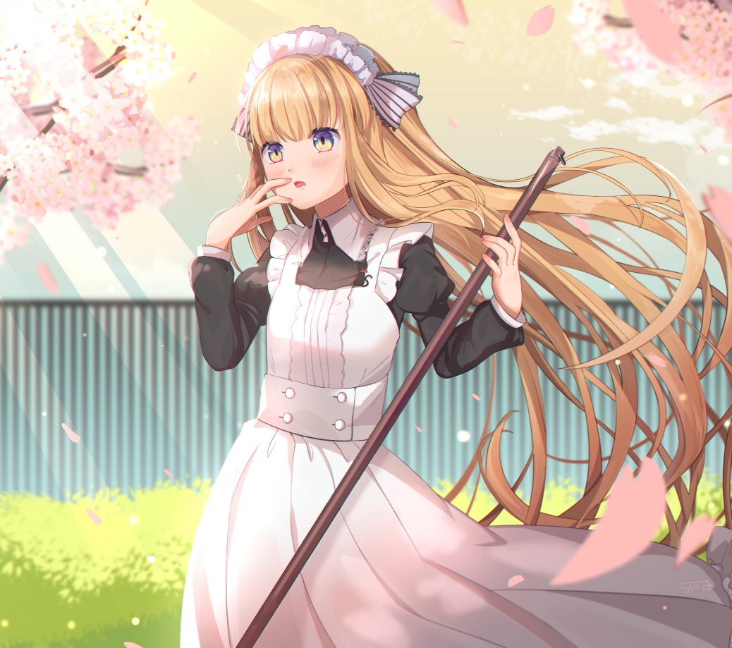 1girl, blonde_hair, broom, bush, cherry_blossoms, cowboy_shot, fence, frilled_hairband