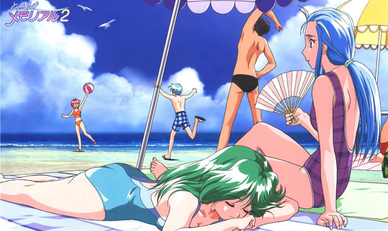 1990s_(style), 2boys, 3girls, asou_kasumi, ball, beach, beach_umbrella, beachball