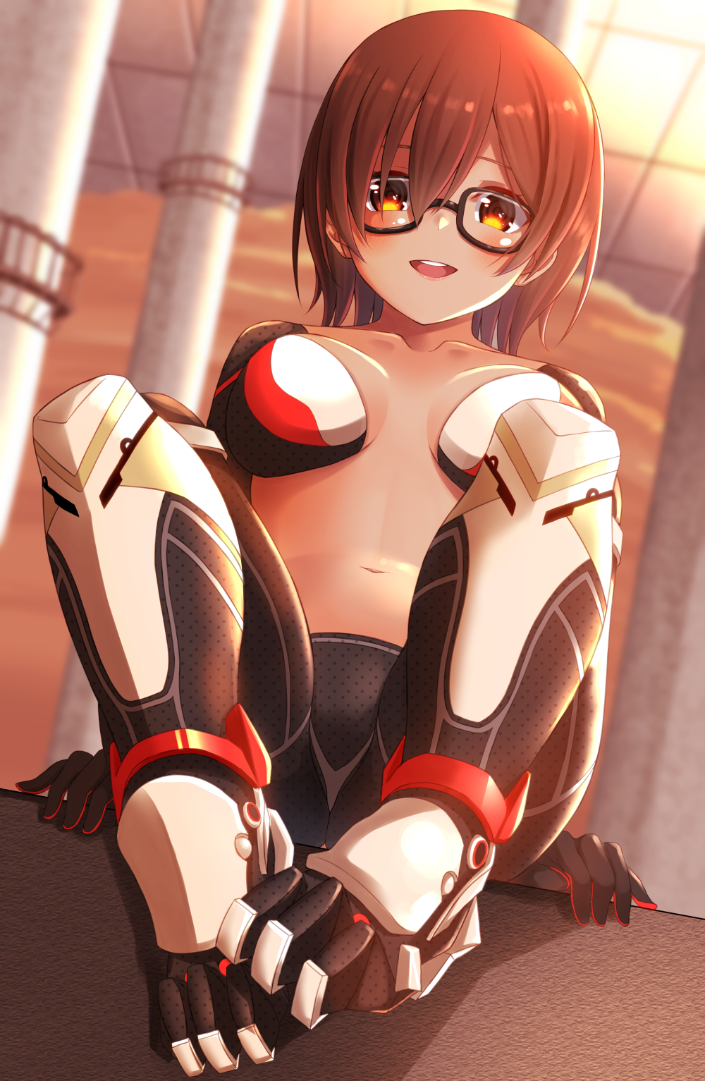 1girl, ako_suke, black-framed_eyewear, breasts, breasts_apart, brown_hair, ceiling, collarbone