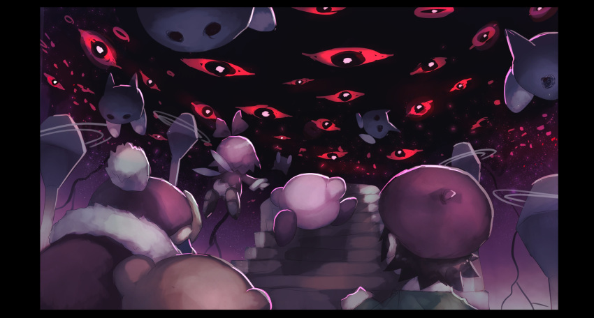 absurdres, adeleine, black_eyes, black_lightning, coat, dark_matter, dress, fairy_wings, green_shirt, highres, king_dedede, kirby, kirby_(series), kirby_64, n-z, pink_hair, red_coat, red_dress, red_eyes, red_headwear, red_ribbon, ribbon, ribbon_(kirby), shiburingaru, shirt, shoes, waddle_dee, wings