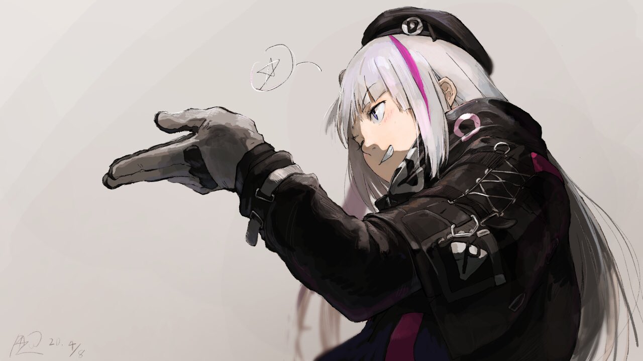 1girl, bangs, beret, black_coat, black_headwear, blush, coat, dated, eyebrows_visible_through_hair, girls_frontline, gloves, grey_background, grey_hair, grin, hat, long_hair, long_sleeves, mdr_(girls_frontline), multicolored_hair, one_eye_closed, pazuu, pink_hair, signature, simple_background, smile, solo, star, streaked_hair, tactical_clothes, upper_body