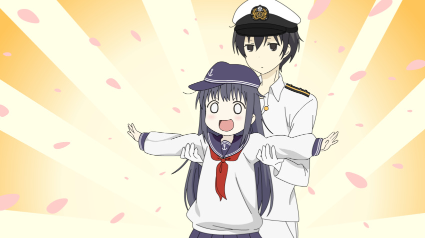 0_0, 1boy, 1girl, :d, admiral_(kantai_collection), admiral_(kantai_collection)_(cosplay), akatsuki_(kantai_collection), anchor_symbol