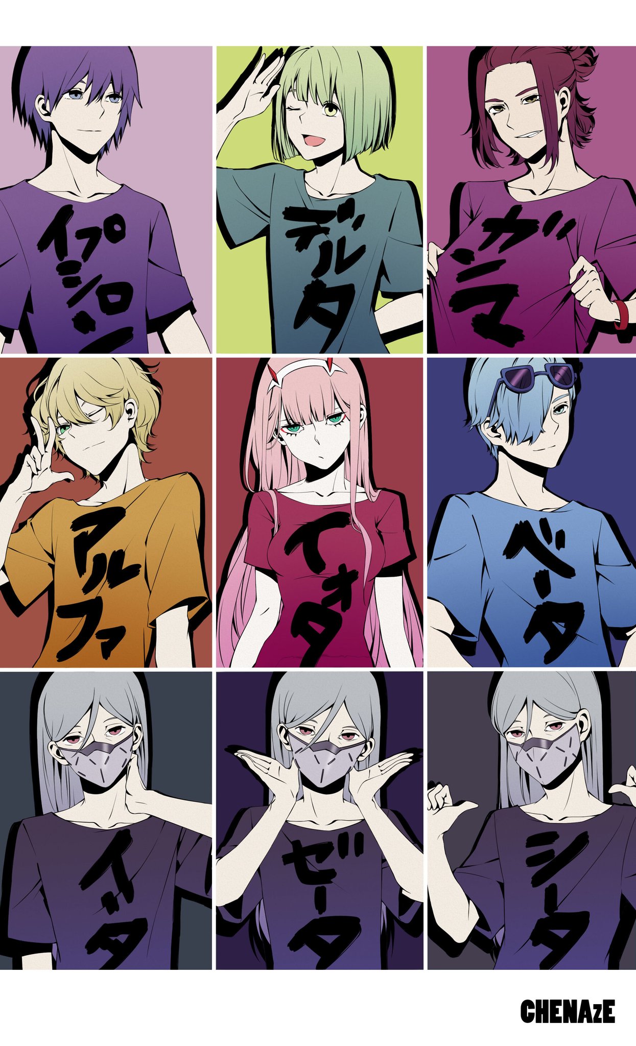 :o, arm_up, bangs, blonde_hair, blue_background, blue_hair, blue_shirt, chenaze57
