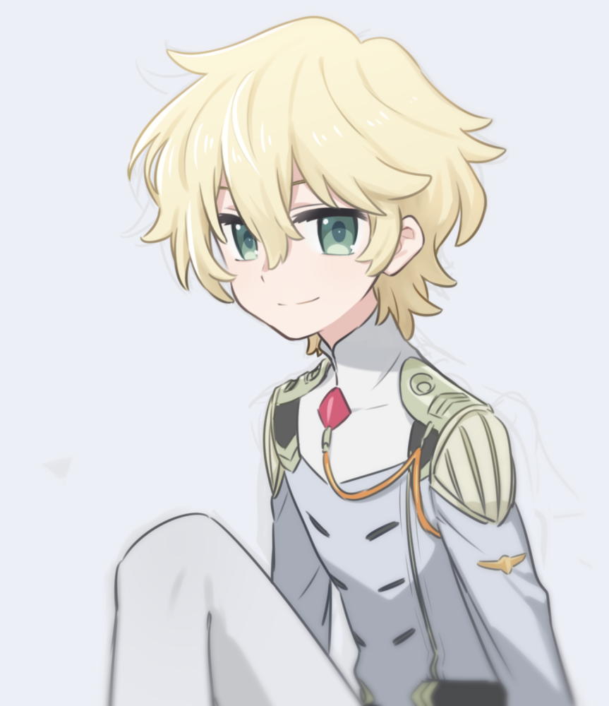 1boy, bangs, blonde_hair, closed_mouth, collar, commentary_request, darling_in_the_franxx, green_eyes
