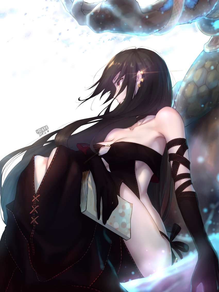 1girl, 2019, black_dress, black_hair, book, breasts, consort_yu_(fate), dabingdan