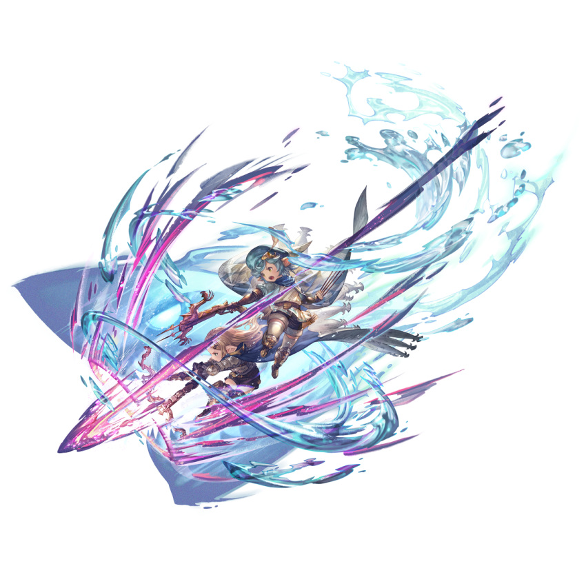 armor, blonde_hair, blue_eyes, blue_hair, bow_(weapon), brown_eyes, closed_mouth, crossbow