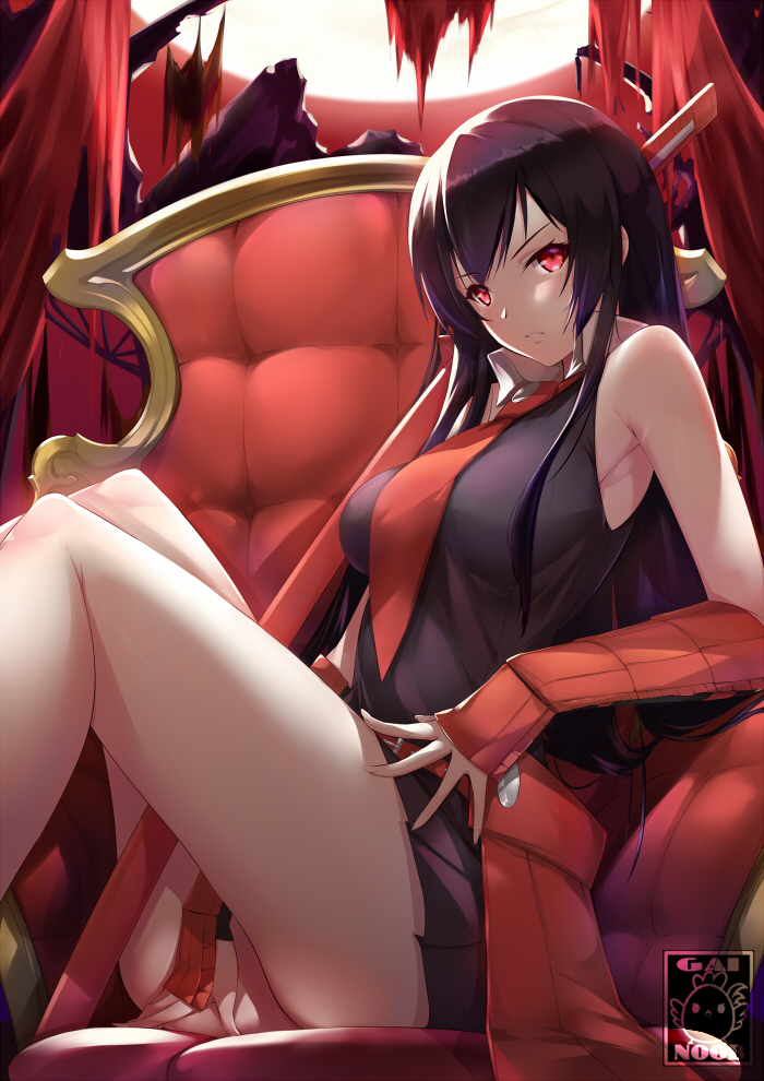 1girl, akame, akame_ga_kill!, arm_guards, artist_name, bangs, bare_legs, bare_shoulders