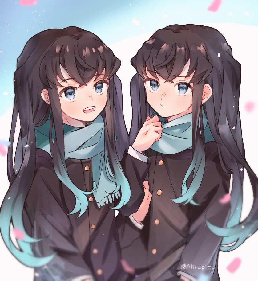 2boys, :d, adjusting_scarf, aqua_eyes, aqua_scarf, bangs, black_shirt, blue_sky