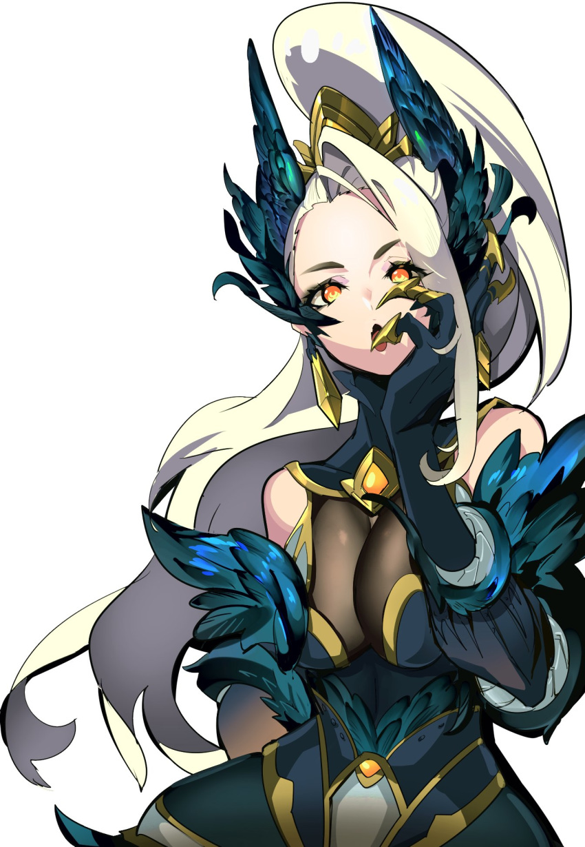 1girl, arm_behind_back, bare_shoulders, blonde_hair, claws, covered_navel, earrings, feather_trim