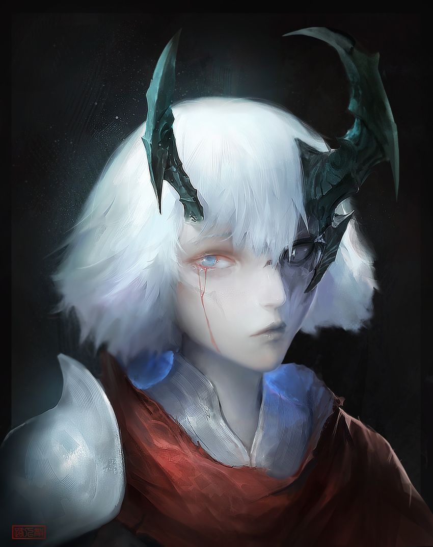 1boy, absurdres, armor, black_background, black_sclera, blood, bloody_tears, blue_eyes