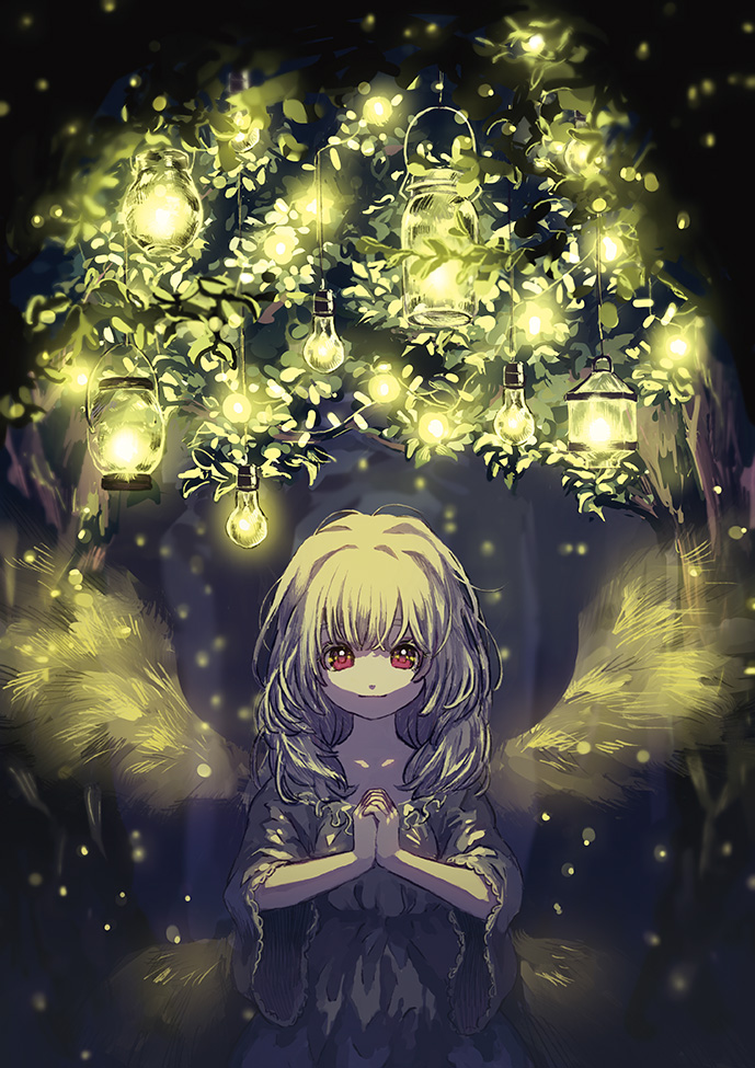 1girl, closed_mouth, collarbone, fireflies, hands_together, lantern, long_hair, long_sleeves