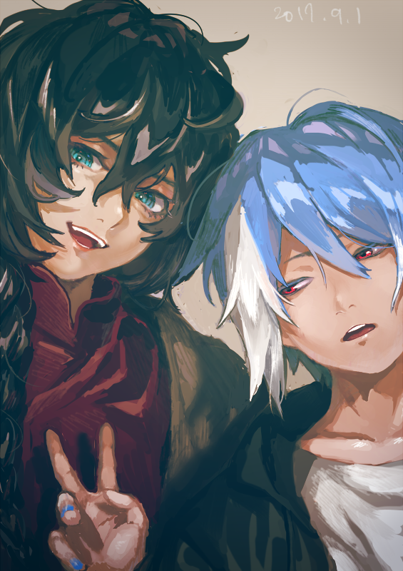 2girls, aqua_eyes, black_hair, braid, brown_background, collarbone, dated, hair_between_eyes