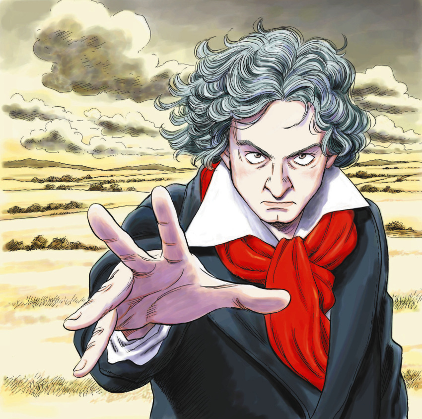 brown_eyes, grey_hair, highres, looking_at_viewer, ludwig_van_beethoven, scarf, solo, urasawa_naoki
