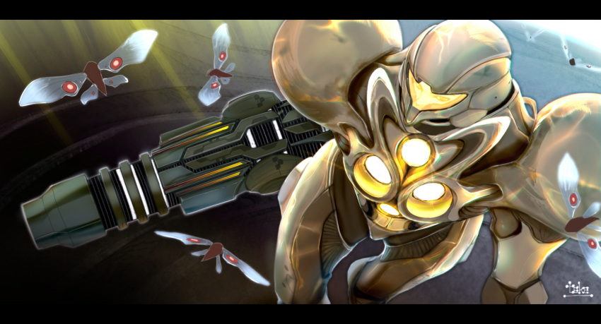 1girl, arm_cannon, armor, bug, dutch_angle, from_above, full_armor, helmet