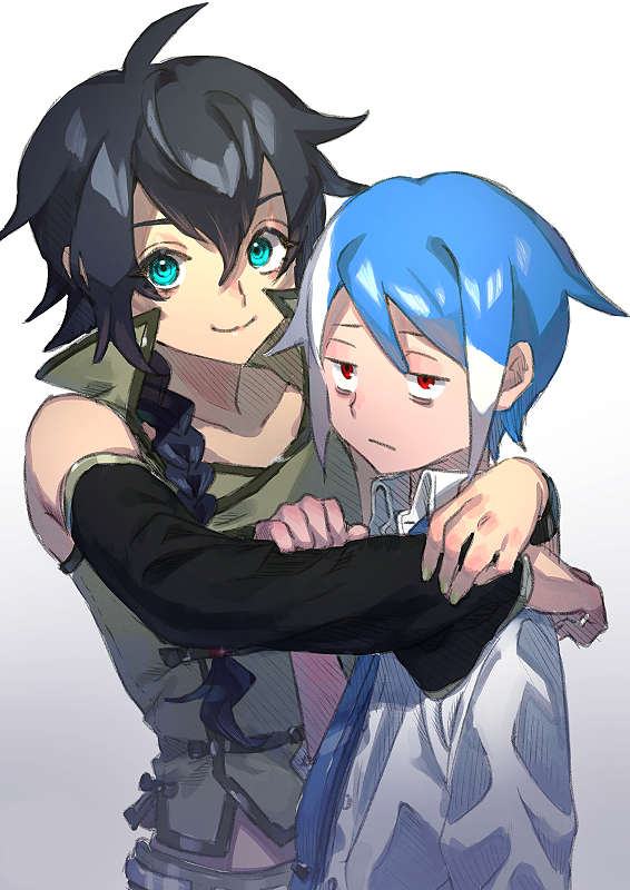 2boys, ahoge, aqua_eyes, bare_shoulders, black_bow, black_hair, blue_hair, blue_neckwear