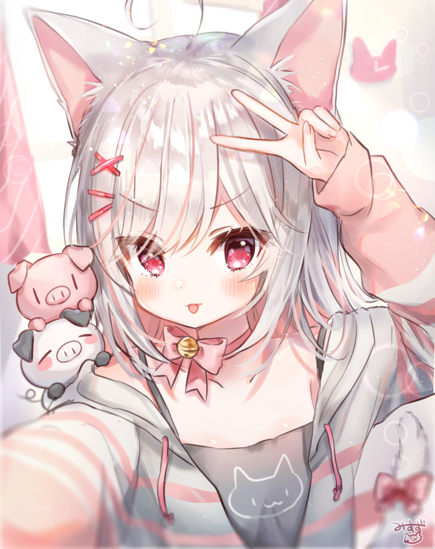 >:p, 1girl, animal_ears, animal_print, breasts, camisole, cat_ears, cat_print