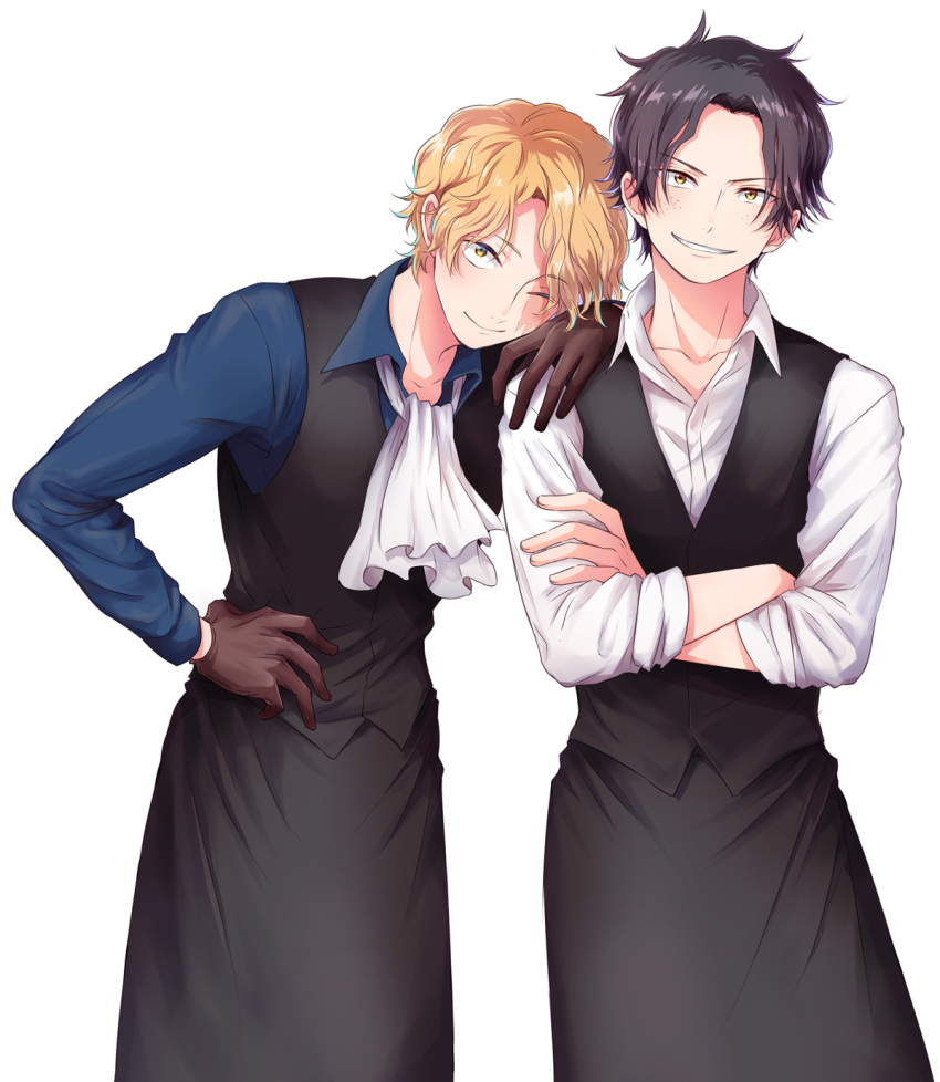 2boys, apron, bangs, black_apron, black_hair, black_vest, blonde_hair, blue_shirt