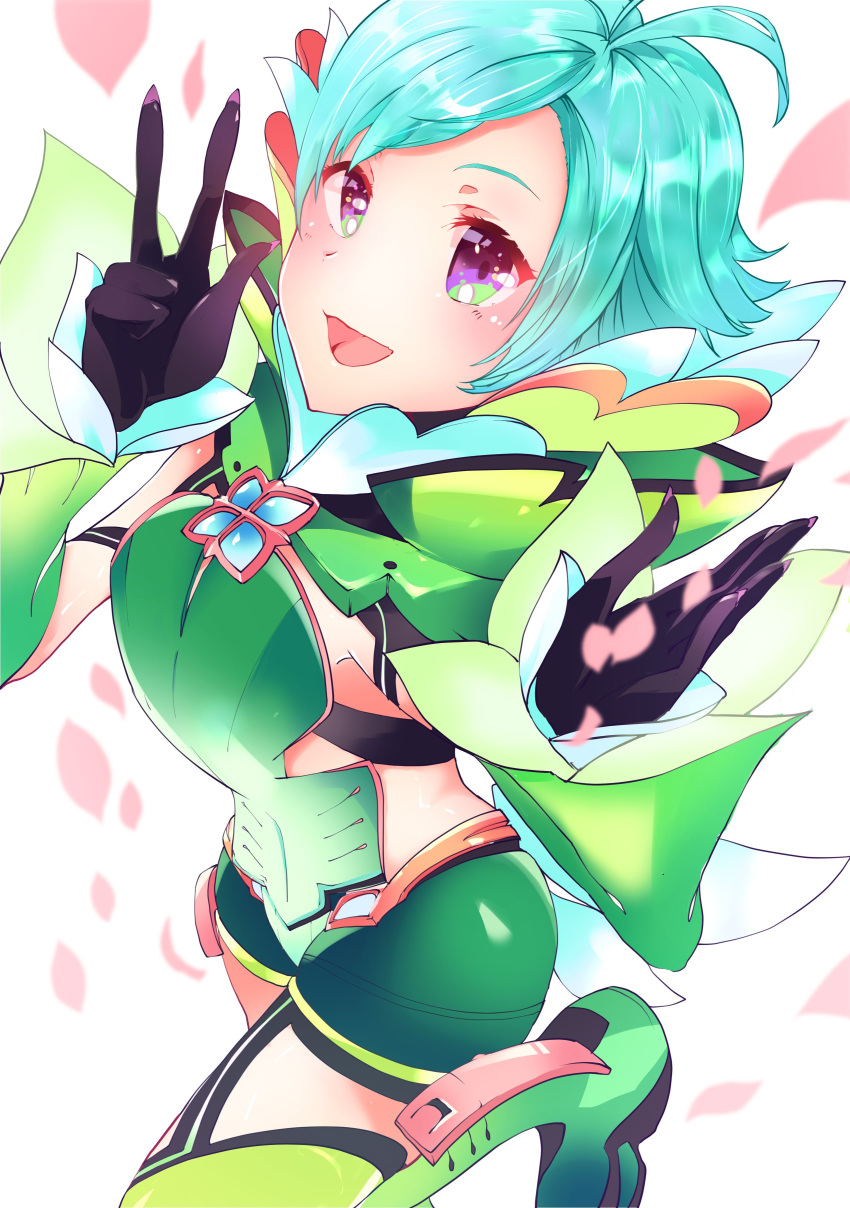 1boy, :d, absurdres, black_gloves, blue_hair, gloves, green_footwear, highres