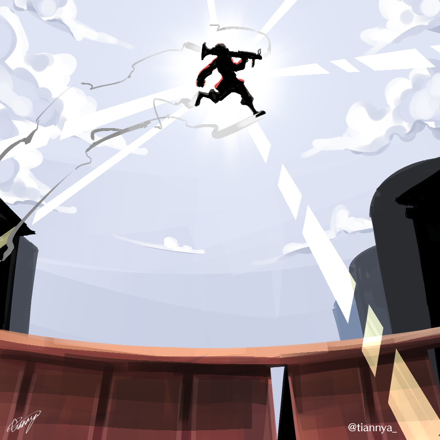 1boy, clouds, cloudy_sky, helmet, male_focus, rick_may, rocket_jumping, rocket_launcher