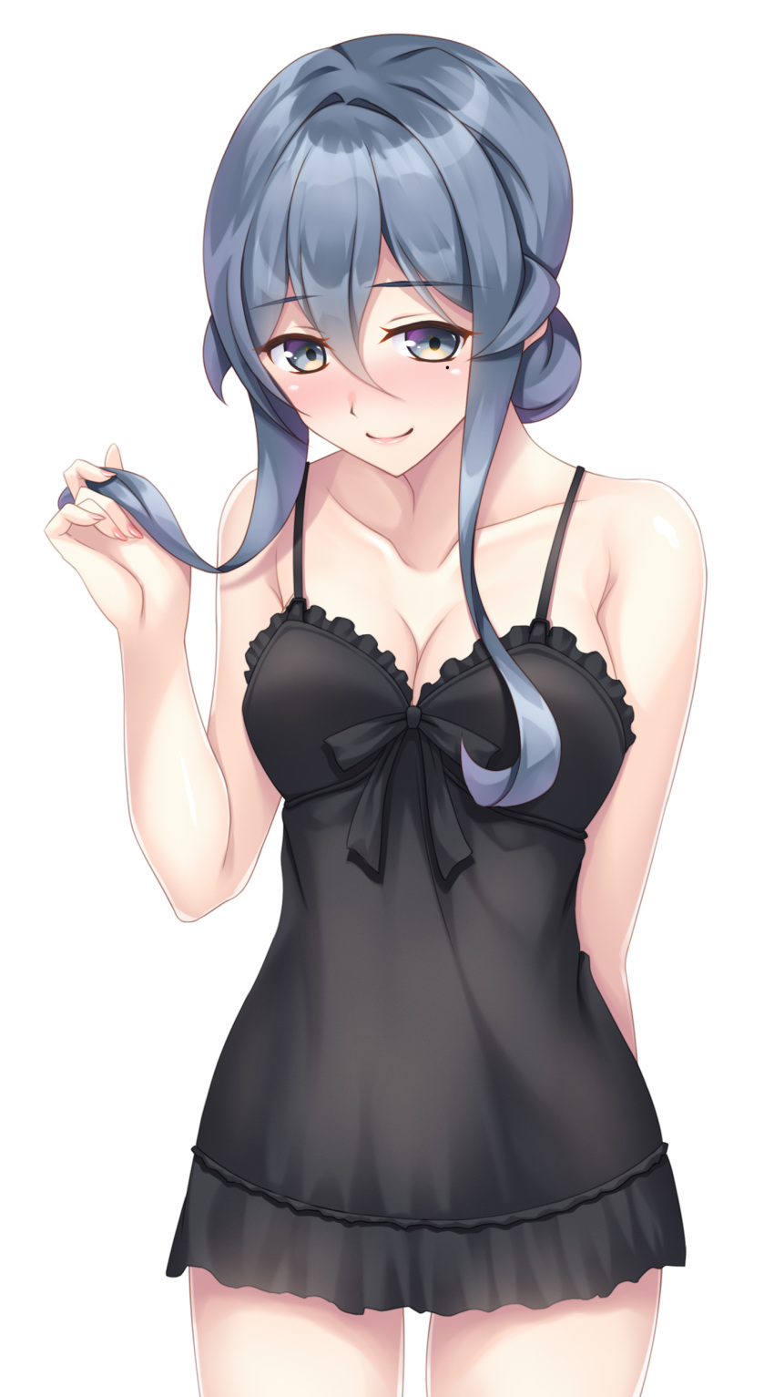 1girl, absurdres, black_nightgown, blue_eyes, blue_hair, breasts, collarbone, gotland_(kantai_collection)