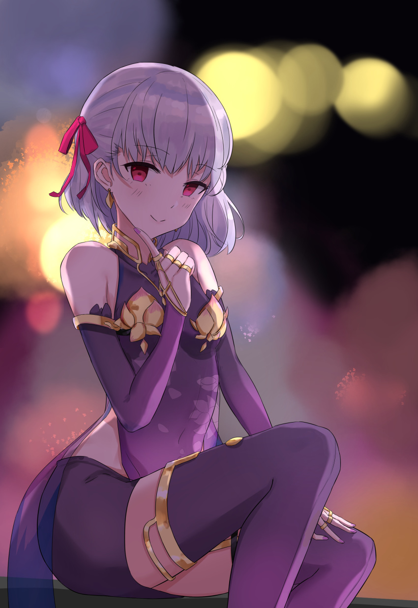 1girl, absurdres, armlet, armor, bangs, bare_shoulders, bikini_armor, blurry, blurry_background, blush, bracelet, breasts, closed_mouth, collar, covered_navel, detached_sleeves, dress, earrings, fate/grand_order, fate_(series), finger_to_chin, floral_print, hair_ribbon, highres, index_finger_raised, itsukitoo, jewelry, kama_(fate/grand_order), looking_at_viewer, metal_collar, miniskirt, pelvic_curtain, pink_ribbon, purple_dress, purple_legwear, purple_skirt, purple_sleeves, red_eyes, ribbon, ring, short_hair, silver_hair, sitting, skirt, small_breasts, smile, solo, thigh-highs, thighlet, thighs