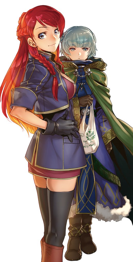 2girls, :<, bag, bangs, black_legwear, blue_eyes, boots, braid