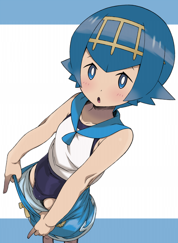 1girl, blue_eyes, blue_hair, blue_swimsuit, breasts, collagen, hairband, looking_at_viewer
