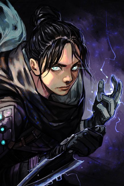 1girl, apex_legends, bangs, black_hair, closed_mouth, gloves, glowing, glowing_eyes