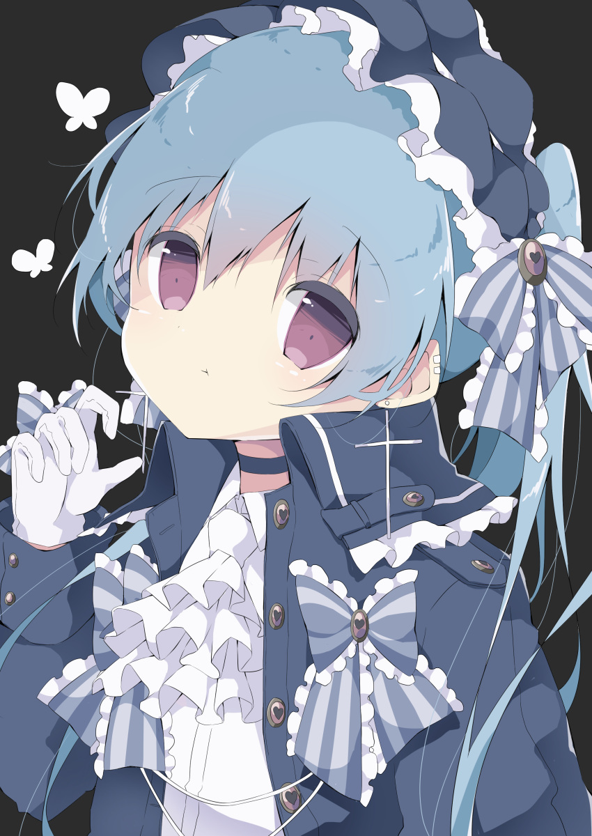 1girl, :t, absurdres, ascot, bangs, black_background, blue_bow, blue_choker