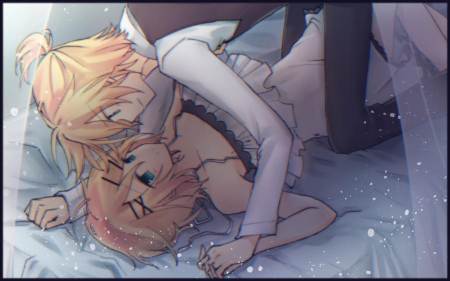 1boy, 1girl, adolescence_(vocaloid), aqua_eyes, bare_arms, bare_shoulders, bed_sheet, blonde_hair