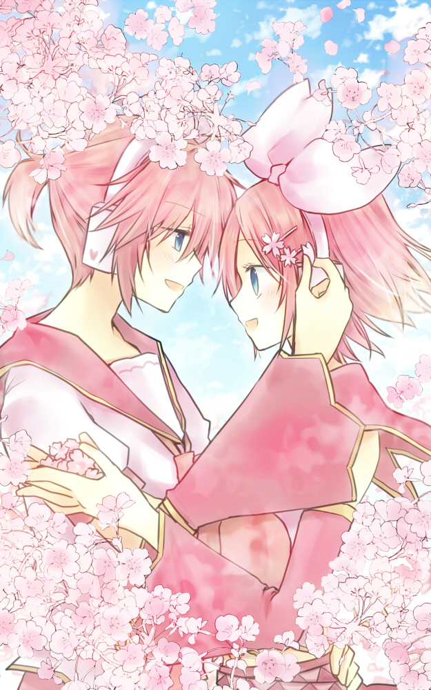 1boy, 1girl, alternate_color, alternate_hair_color, bare_shoulders, blonde_hair, blue_eyes, blue_sky