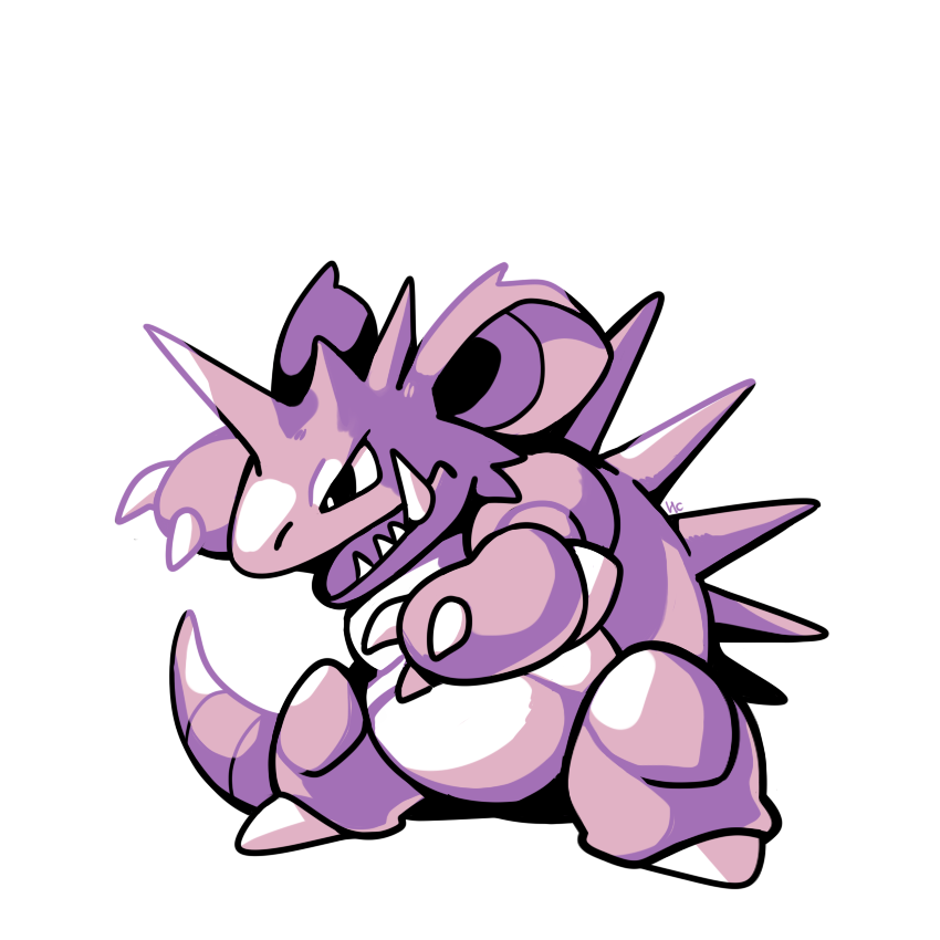 black_eyes, claws, commentary, creature, english_commentary, full_body, gen_1_pokemon, nidoking, no_humans, pokemon, pokemon_(creature), rumwik, sharp_teeth, signature, simple_background, solo, standing, teeth, white_background