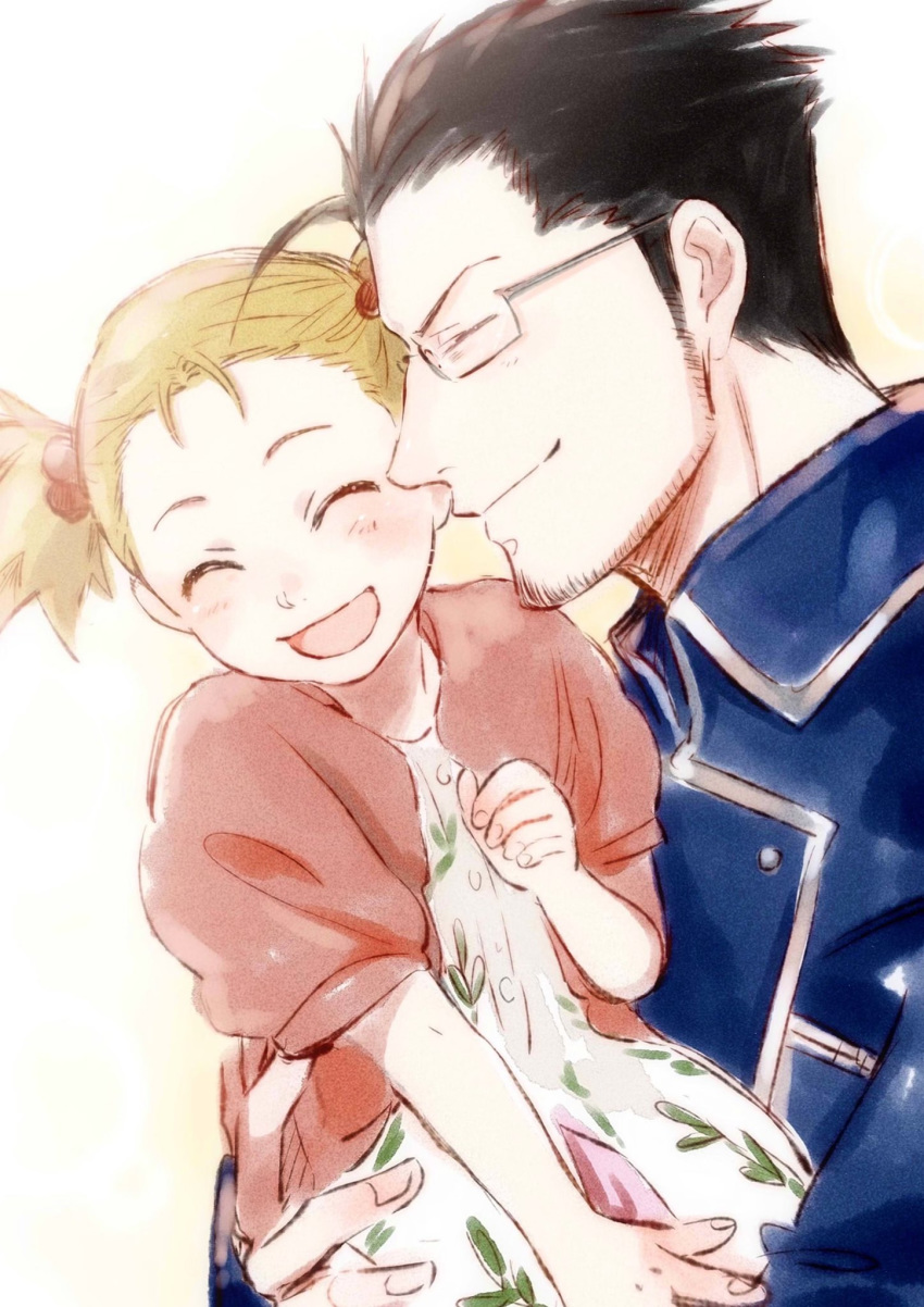 brown_hair, carrying, closed_eyes, dress, elicia_hughes, father_and_daughter, fujiwara_keiji, fullmetal_alchemist