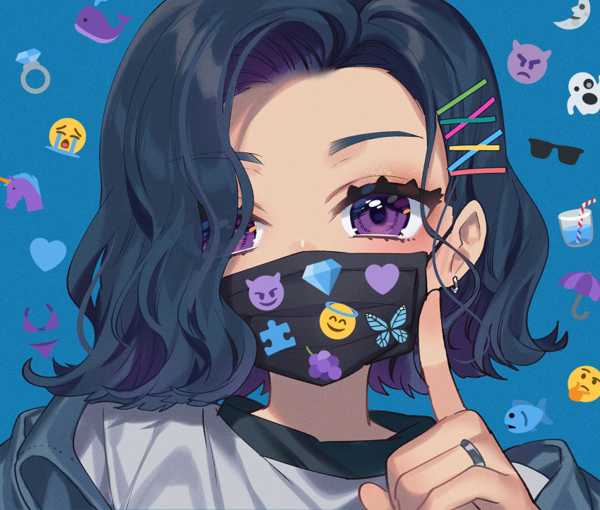 1girl, animal_print, bangs, black_hair, blue_eyes, butterfly_print, commentary_request, diamond_ring